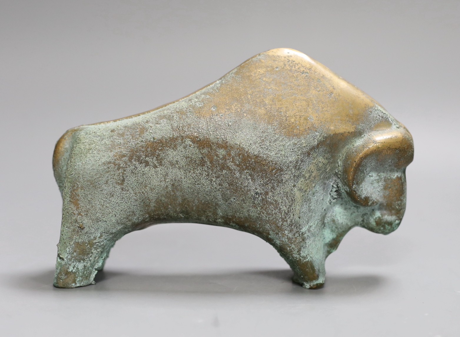 A verdigris bronze model of a buffalo, 20cm